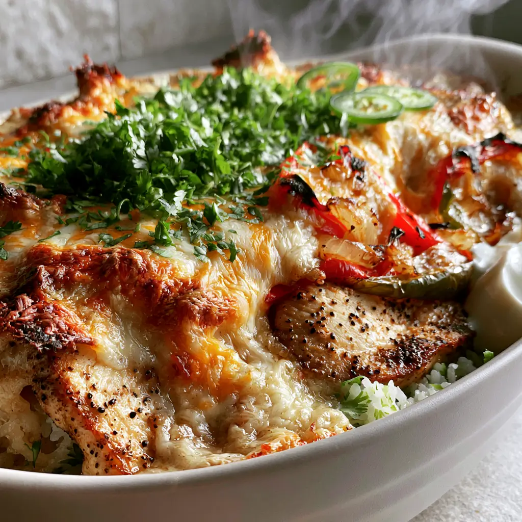 Extreme detail of bubbling melted golden-brown cheddar and monterey jack cheese on a Chicken Fajita Casserole.