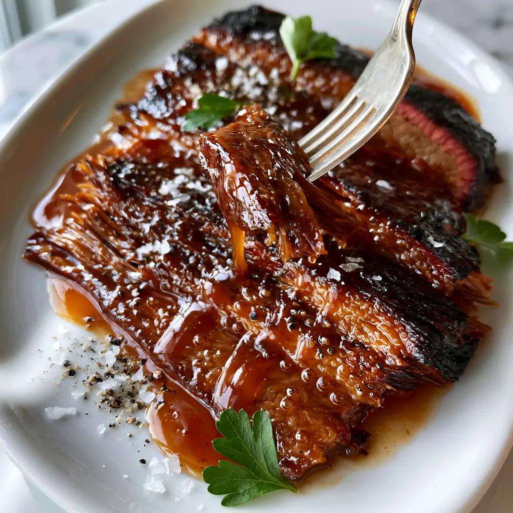 Close-up of thick-cut brisket on a white marble surface garnished with sea salt and parsley.