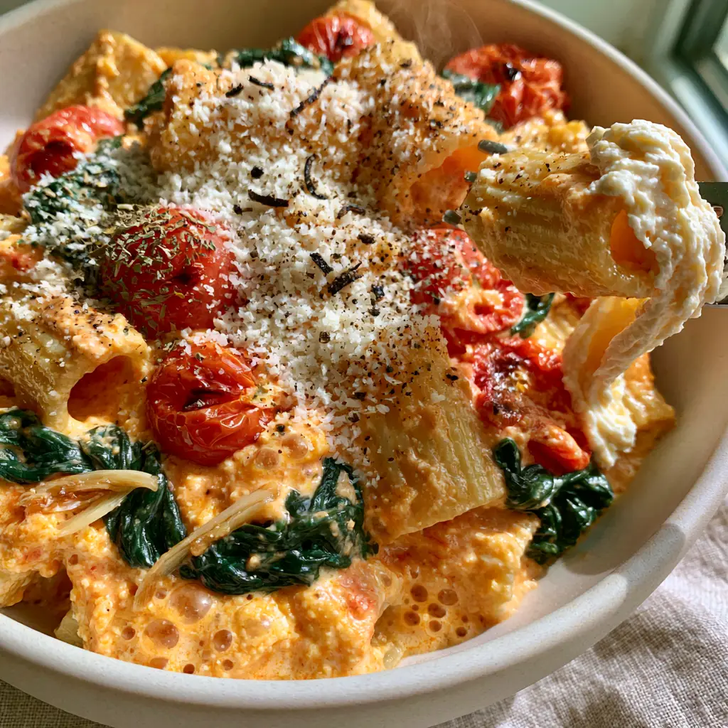 A handheld smartphone photo of Tomato ricotta pasta in a matte white bowl with coral sauce and charred tomatoes.