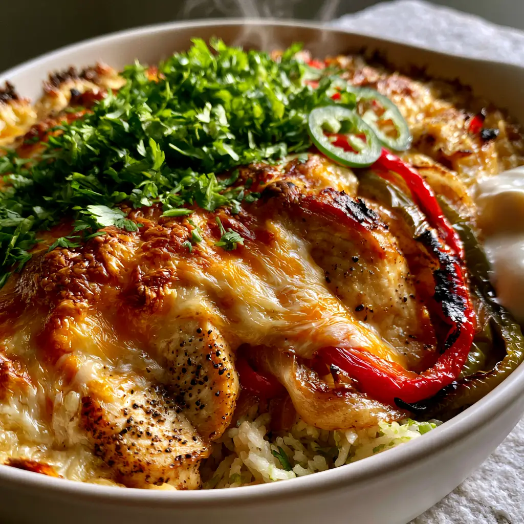 Chicken Fajita Casserole showing seared chicken, charred red peppers, and fresh cilantro garnish over lime rice.