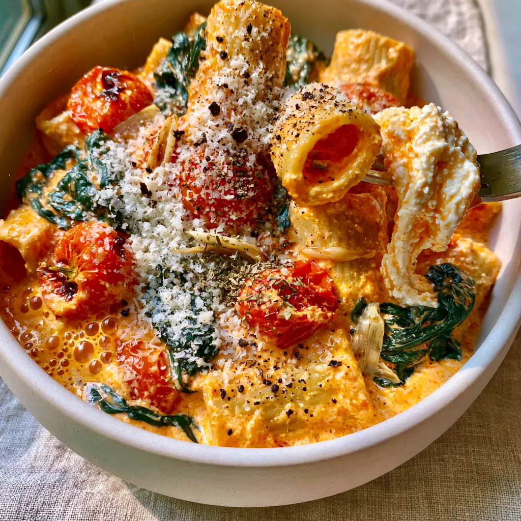 Close up of rigatoni pasta covered in thick velvet coral sauce with a snowy dusting of parmesan cheese.