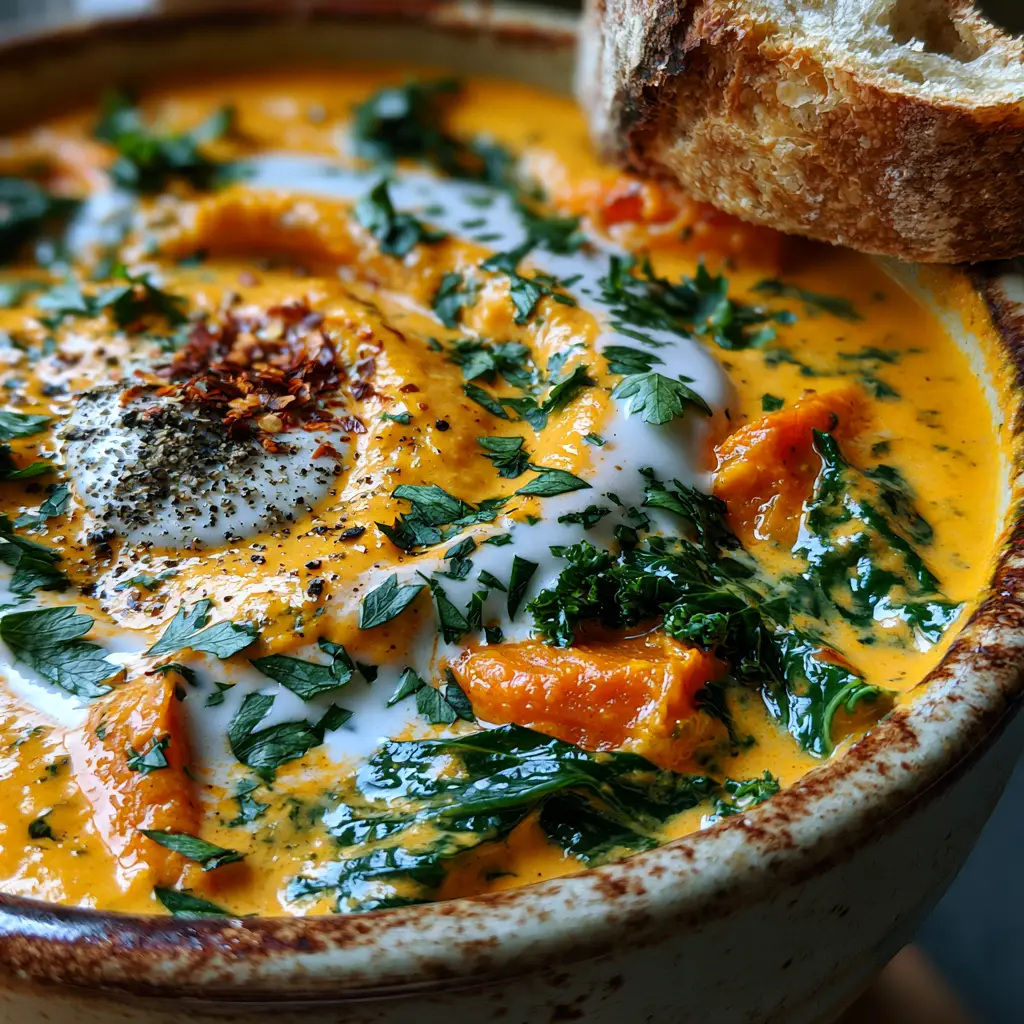 Macro close-up of vibrant orange one-pot creamy vegetable soup with coconut cream and red chili flakes.