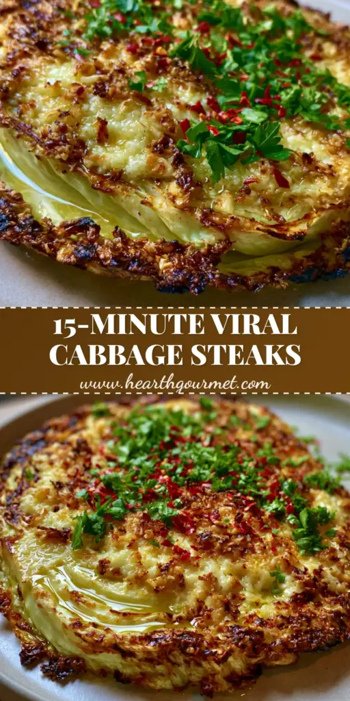 Roasted Cabbage Steaks with Garlic Butter and Parmesan Crust 4 A thick-cut roasted cabbage steak on a plate with bubbling parmesan and red chili flakes (roasted cabbage steaks)