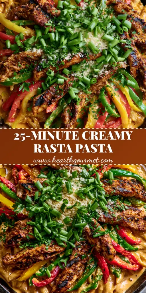 Rasta Pasta: The Ultimate Creamy Jerk Chicken Fusion Recipe 3 A top-down view of a cast iron skillet containing Rasta Pasta with creamy orange sauce, grilled chicken, and colorful bell peppers. (Rasta Pasta)