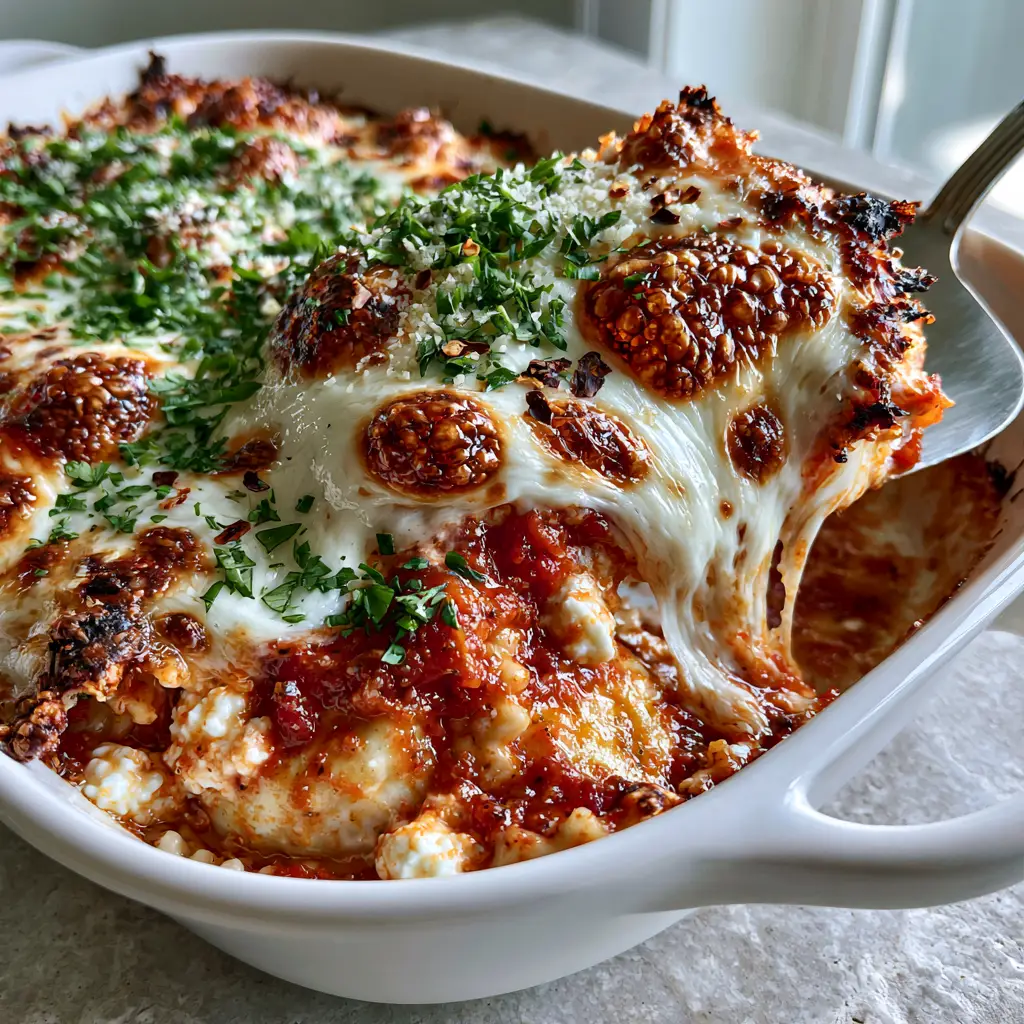 Top-down shot of Quick Easy Lasagna featuring large ravioli, chunky marinara, and golden-brown mozzarella bubbles.