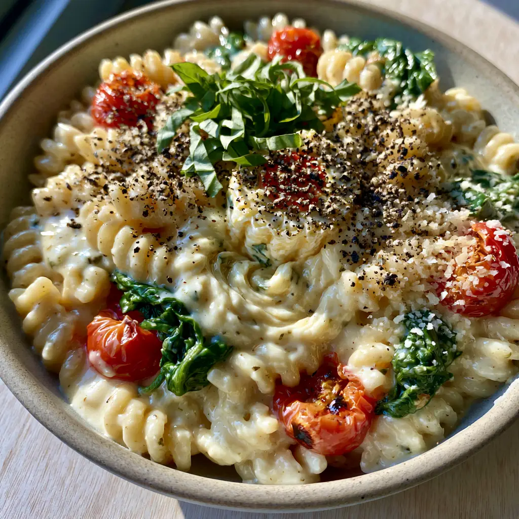 Close-up of fusilli pasta coated in ivory boursin cheese pasta sauce with wilted spinach and black pepper.