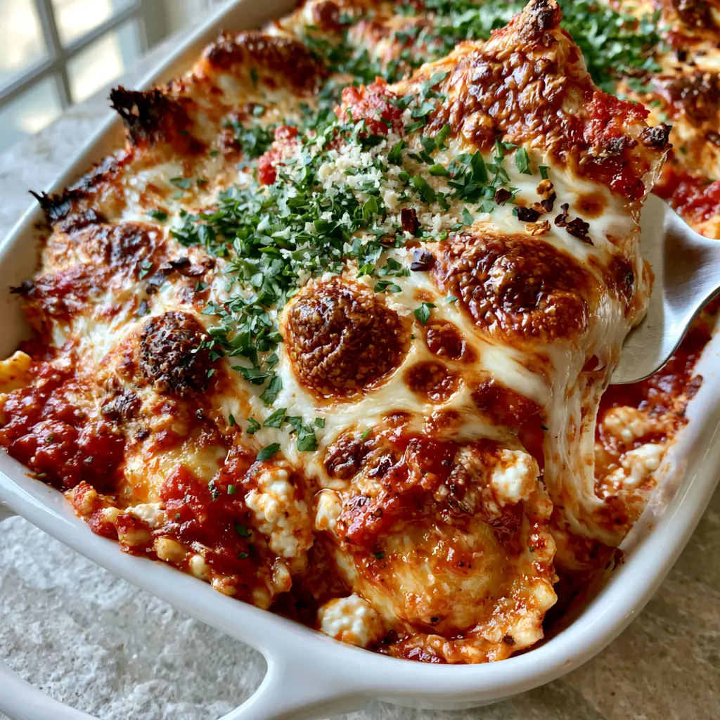Quick Easy Lasagna (The Ultimate Lazy Girl Ravioli Bake) 1 Close-up of crispy cheese edges and creamy cottage cheese curds in a Quick Easy Lasagna bake.