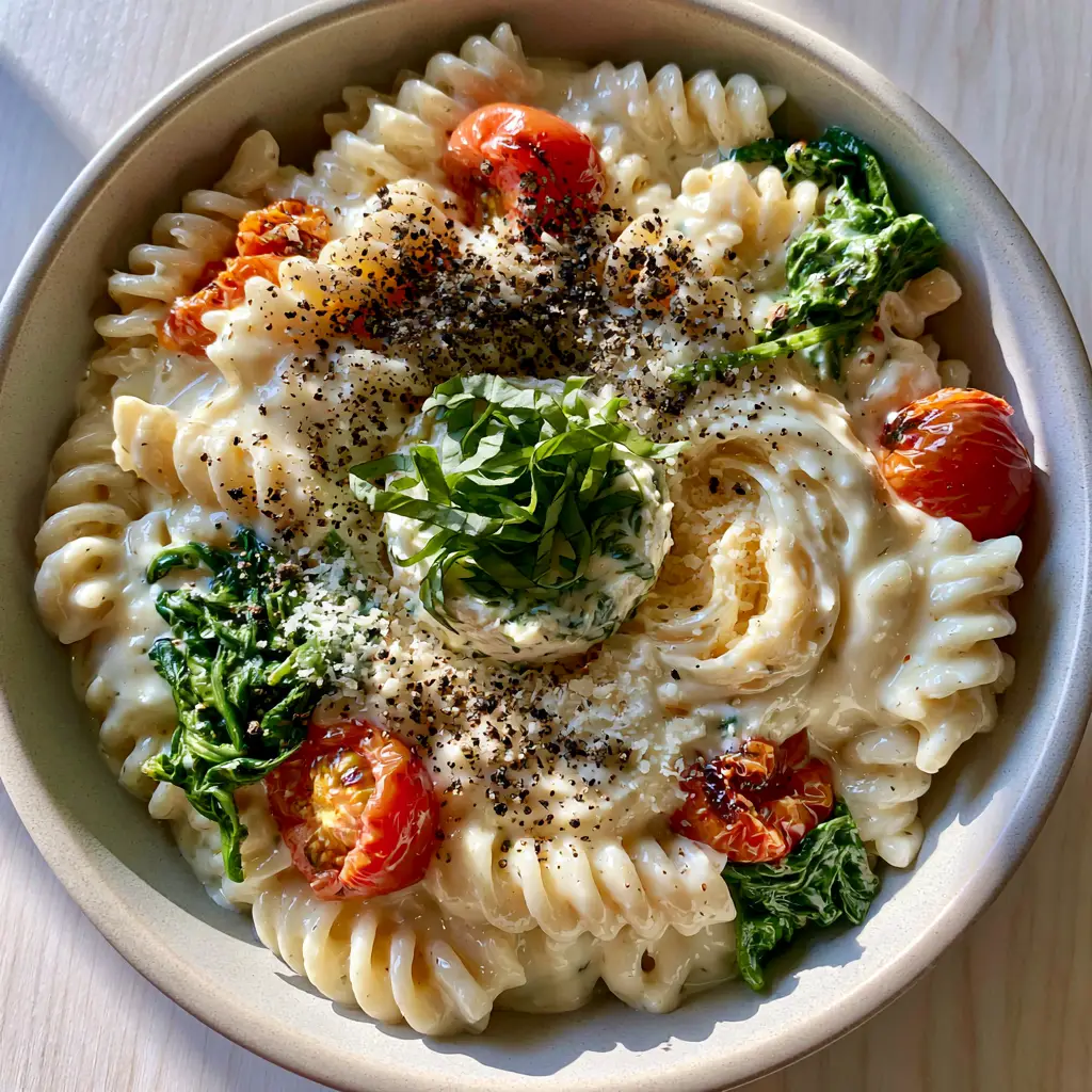 Blistered cherry tomatoes nestled in a creamy boursin cheese pasta with a melted cheese puck in the center.