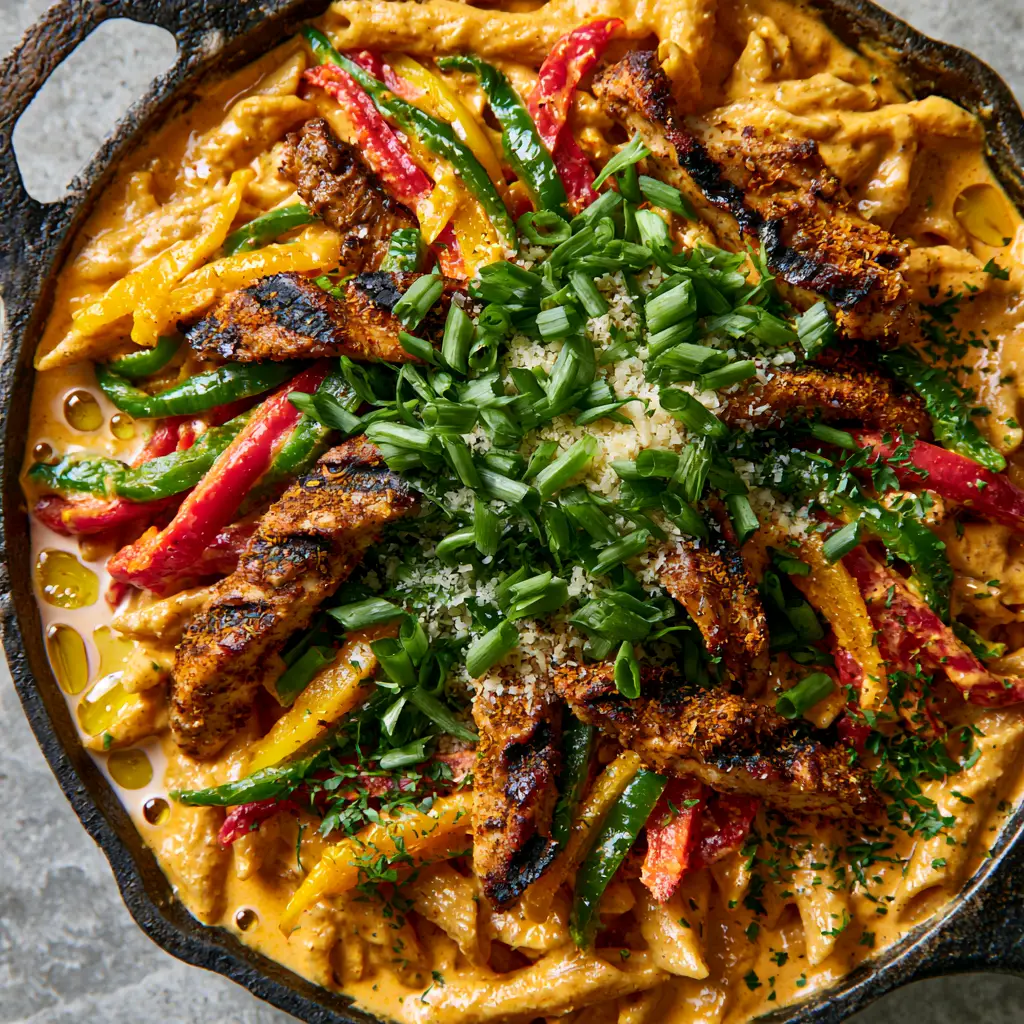 Rasta Pasta: The Ultimate Creamy Jerk Chicken Fusion Recipe 1 Sautéed red, yellow, and green bell peppers mixed with jerk chicken and penne in a black skillet.