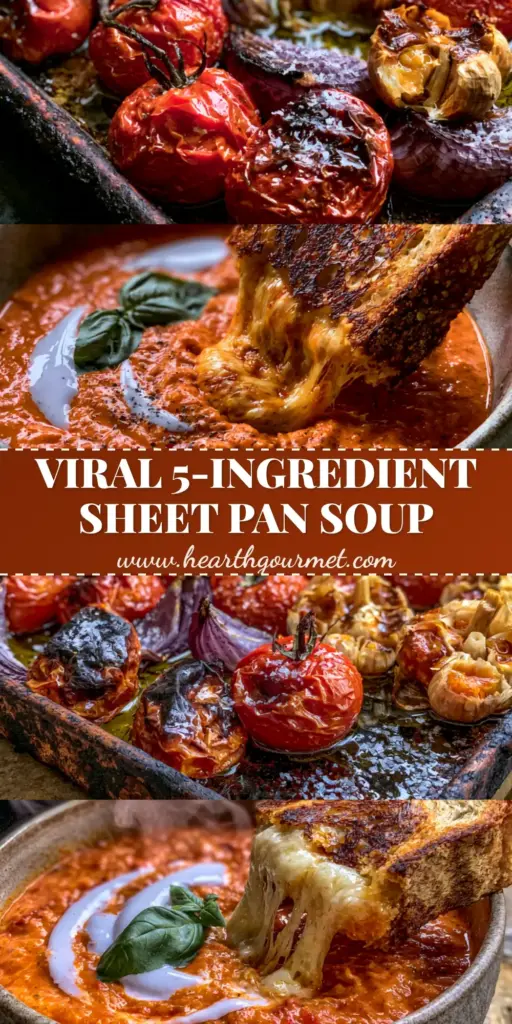 A vertical split-composition showing roasted tomatoes and onions on a tray above a creamy Roasted Tomato Soup with a grilled cheese dip.