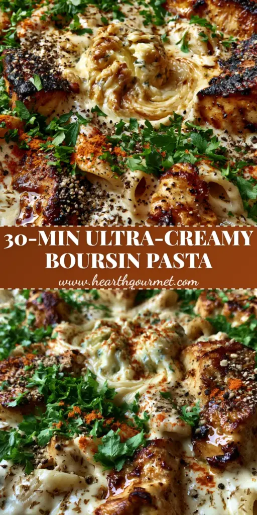 A top-down shot of Boursin Chicken Pasta in a cast iron skillet with golden chicken chunks and herb garnishes.