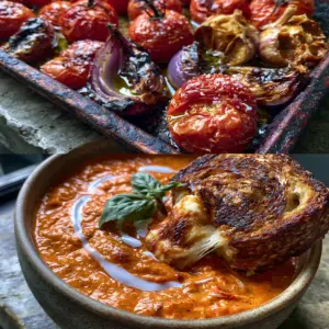 Close-up of blistered vine-ripened tomatoes and charred onions on a dark baking sheet for Roasted Tomato Soup.