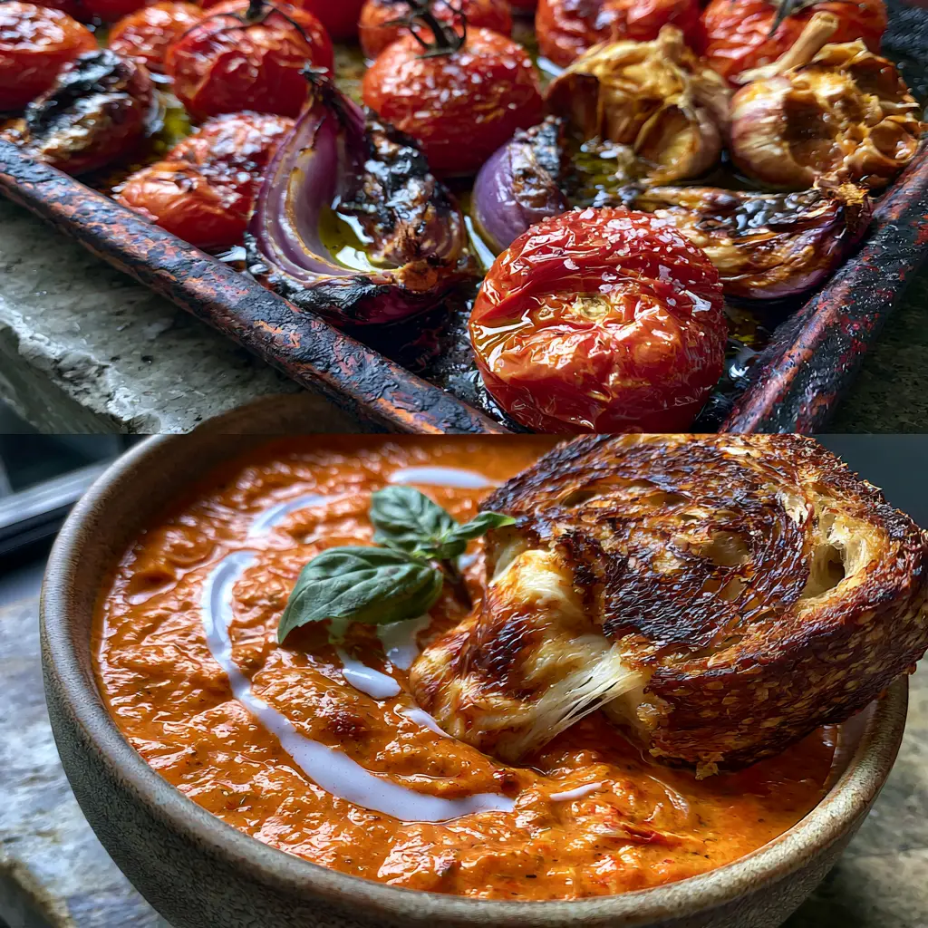 Close-up of blistered vine-ripened tomatoes and charred onions on a dark baking sheet for Roasted Tomato Soup.