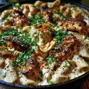 Extreme macro close-up of Boursin Chicken Pasta showing the thick ivory sauce and seared chicken chunks.