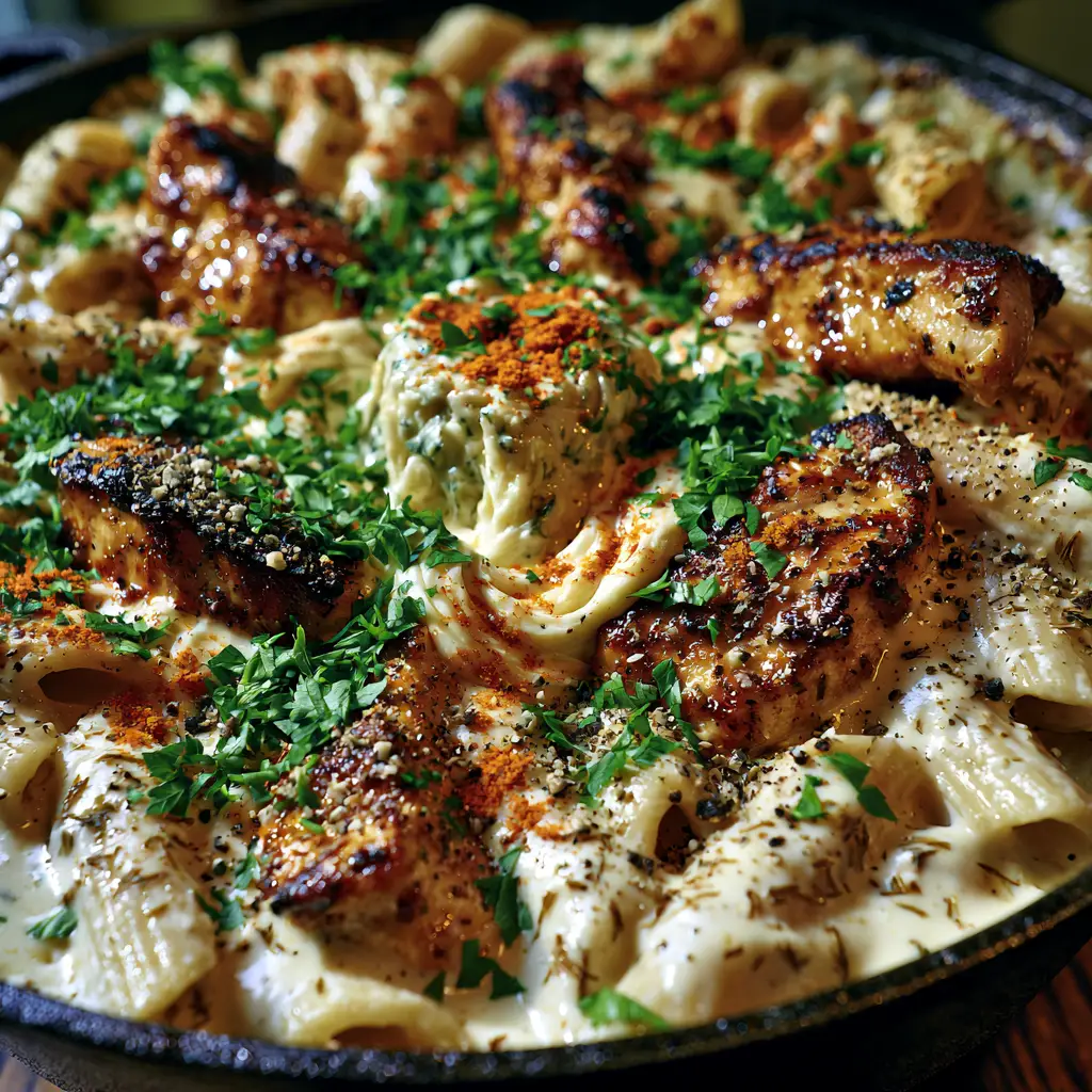 Extreme macro close-up of Boursin Chicken Pasta showing the thick ivory sauce and seared chicken chunks.