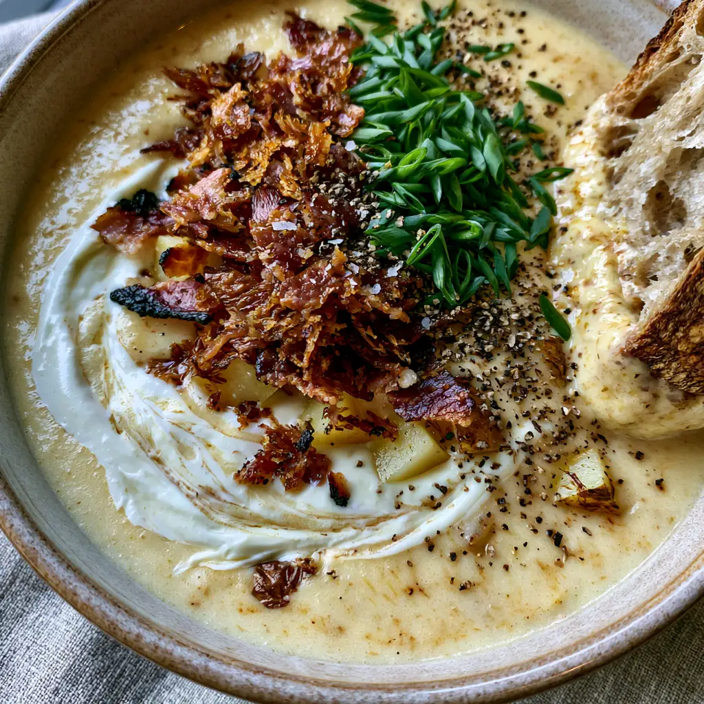 Close up shot of the thick velvety base of our potato soup recipe with cubed Yukon golds and an artistic heavy cream swirl.