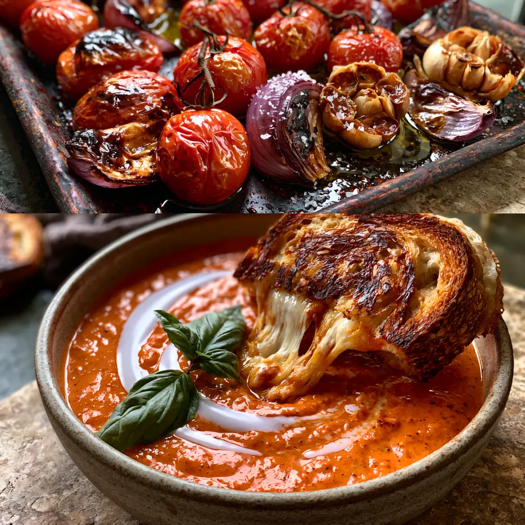 A macro shot of a vegan grilled cheese pull being dipped into a bowl of creamy Roasted Tomato Soup with a coconut milk swirl.