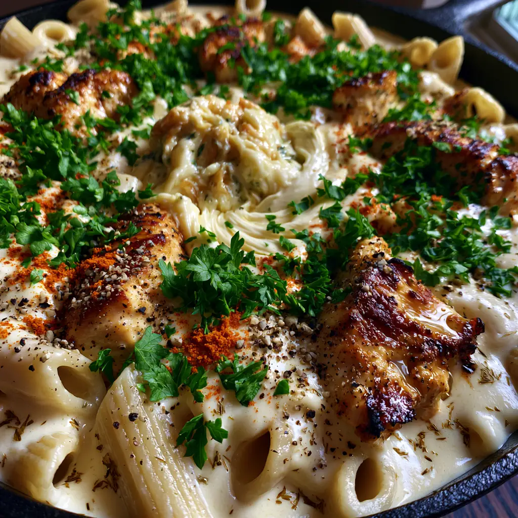 A close-up of a rustic skillet filled with Boursin Chicken Pasta, garnished with parsley and smoked paprika.