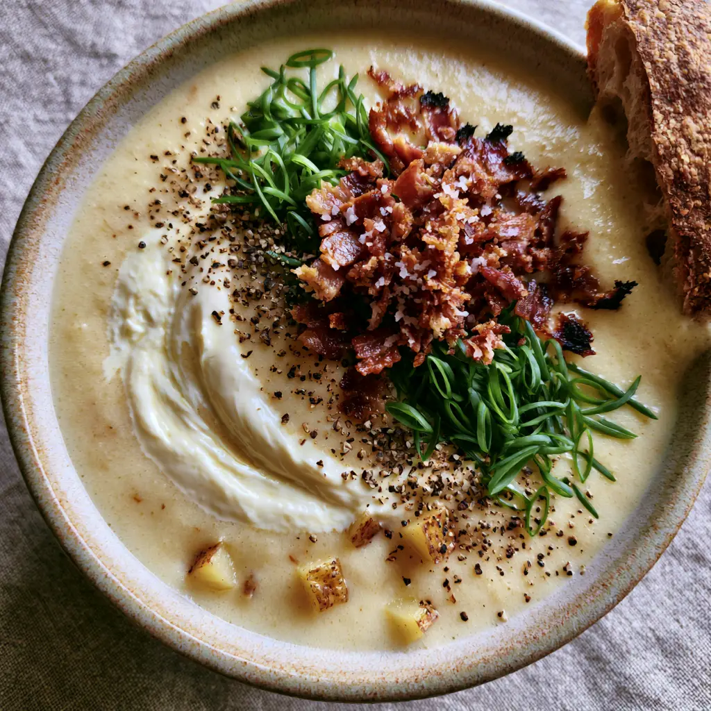 Potato Soup Recipe: The Ultimate Velvety Yukon Gold Comfort Bowl 1 Potato soup recipe served in a ceramic bowl with crispy bacon bits, fresh chives, and cracked black pepper garnish.