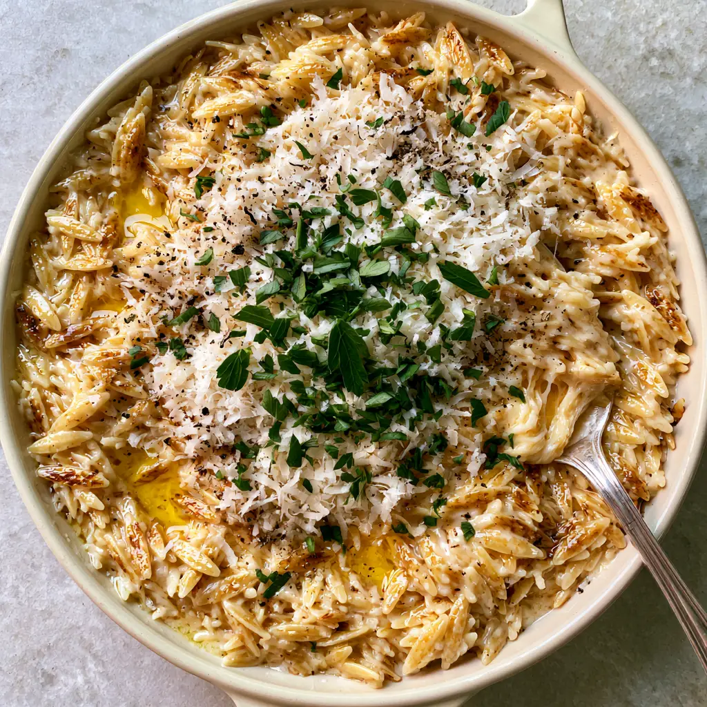A silver spoon lifting a portion of Garlic Butter Orzo to reveal the creamy cheese-pull texture and fluffy parmesan shavings.