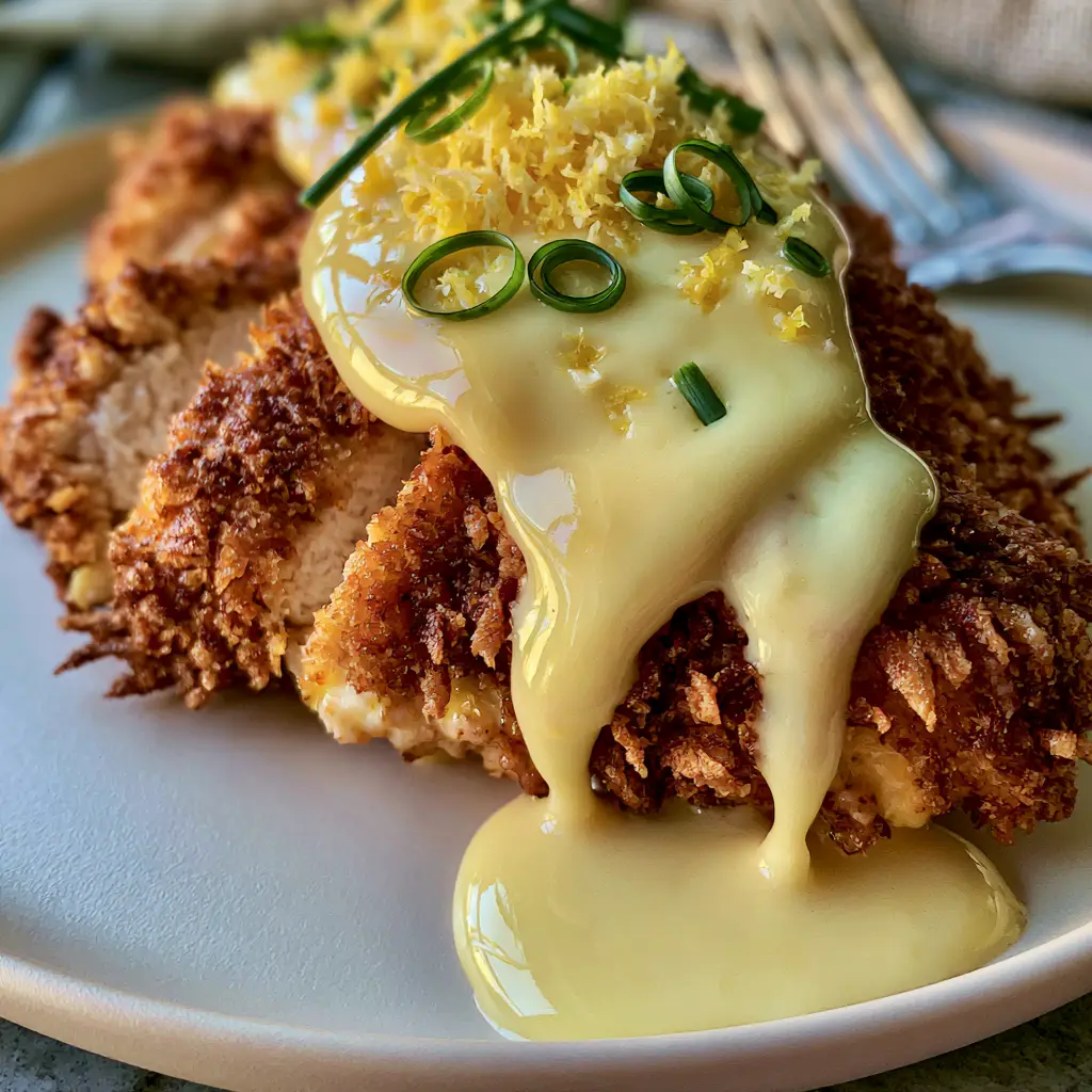 Chicken Christopher with Velvet Lemon Butter Beurre Blanc 1 Velvet smooth pale yellow lemon butter sauce cascading over breaded chicken with chives and lemon zest. (Chicken Christopher)