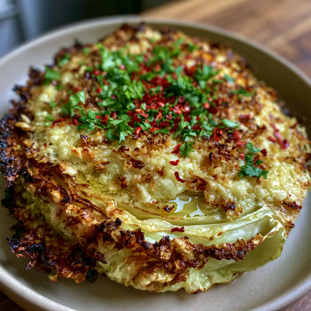 Roasted Cabbage Steaks with Garlic Butter and Parmesan Crust 2 Smartphone photo of a roasted cabbage steak with charred crispy edges and a garlic butter drizzle (roasted cabbage steaks)