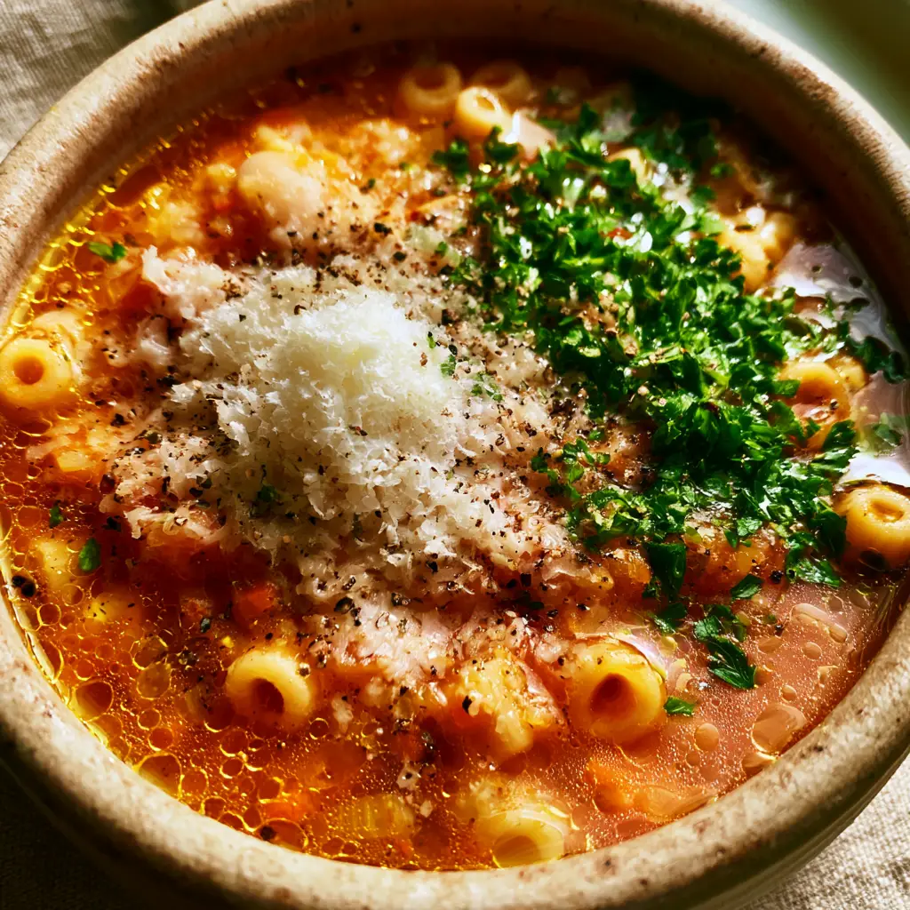 Pasta e Fagioli Soup Recipe: A Rustic Italian Comfort Classic 2 Macro close-up of ditalini pasta and cannellini beans in a rich orange-red broth. (pasta e fagioli soup recipe)