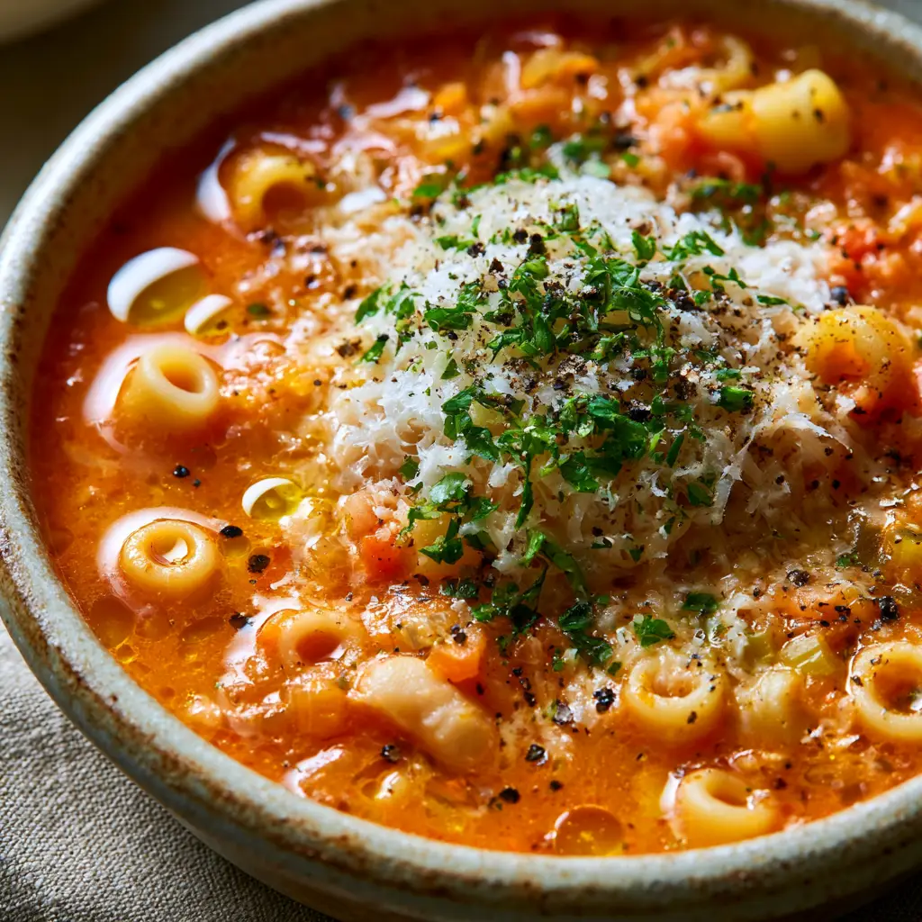 Pasta e Fagioli Soup Recipe: A Rustic Italian Comfort Classic 1 A 'snow-like' mountain of microplaned Parmigiano-Reggiano on top of Pasta e Fagioli soup. (pasta e fagioli soup recipe)