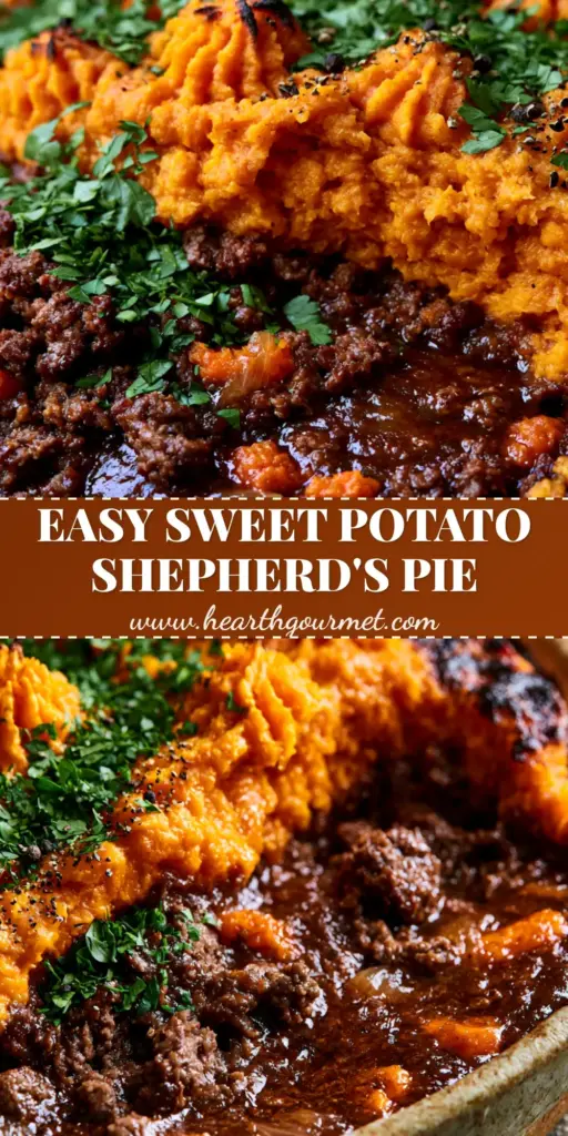 Sweet Potato Shepherds Pie with Charred Topping and Glossy Beef Gravy 4 A large scoop of sweet potato shepherds pie showing the dark beef gravy and charred potato peaks. (sweet potato shepherds pie)