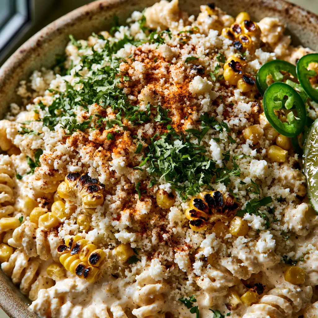 Close up view of al dente rotini pasta spirals coated in thick lime-crema dressing for elote pasta salad.