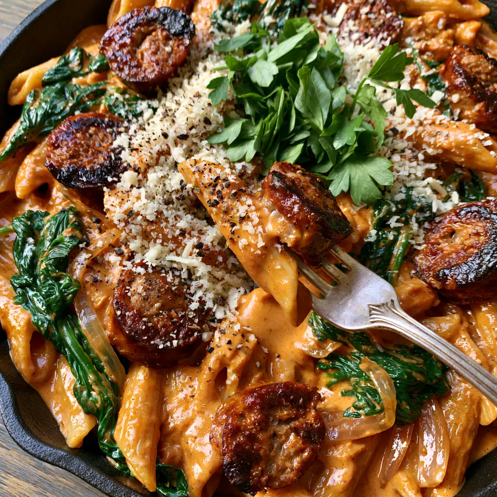 High-angle shot of a skillet of creamy sausage pasta topped with snow-white parmesan and fresh parsley.