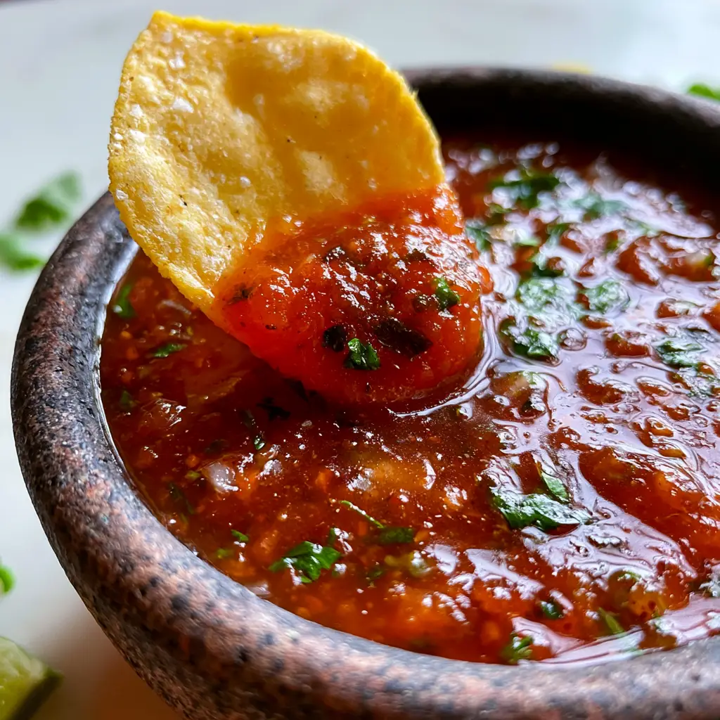 Smartphone photography showing the glossy texture and charred jalapeño specks of a Restaurant Style Salsa Recipe.