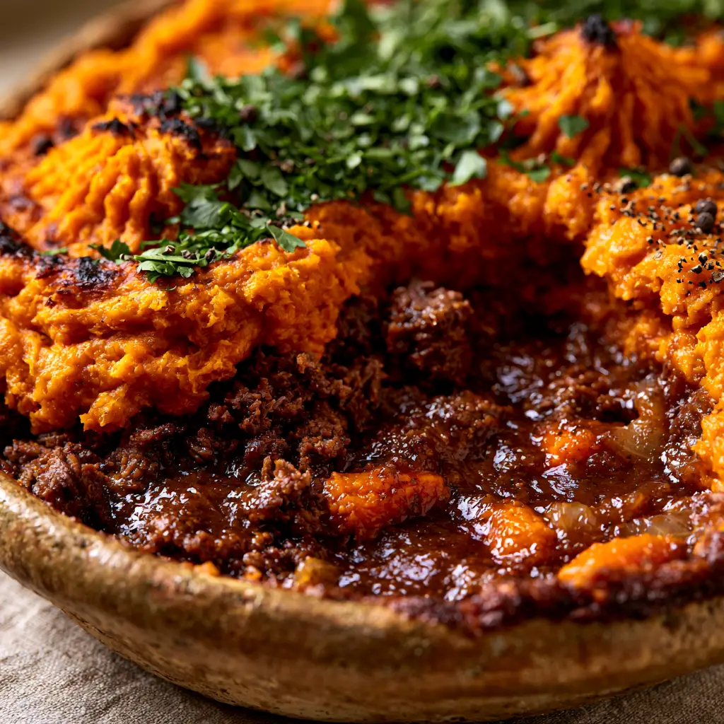 Sweet Potato Shepherds Pie with Charred Topping and Glossy Beef Gravy 2 Extreme macro close-up of charred sweet potato peaks on a sweet potato shepherds pie. (sweet potato shepherds pie)