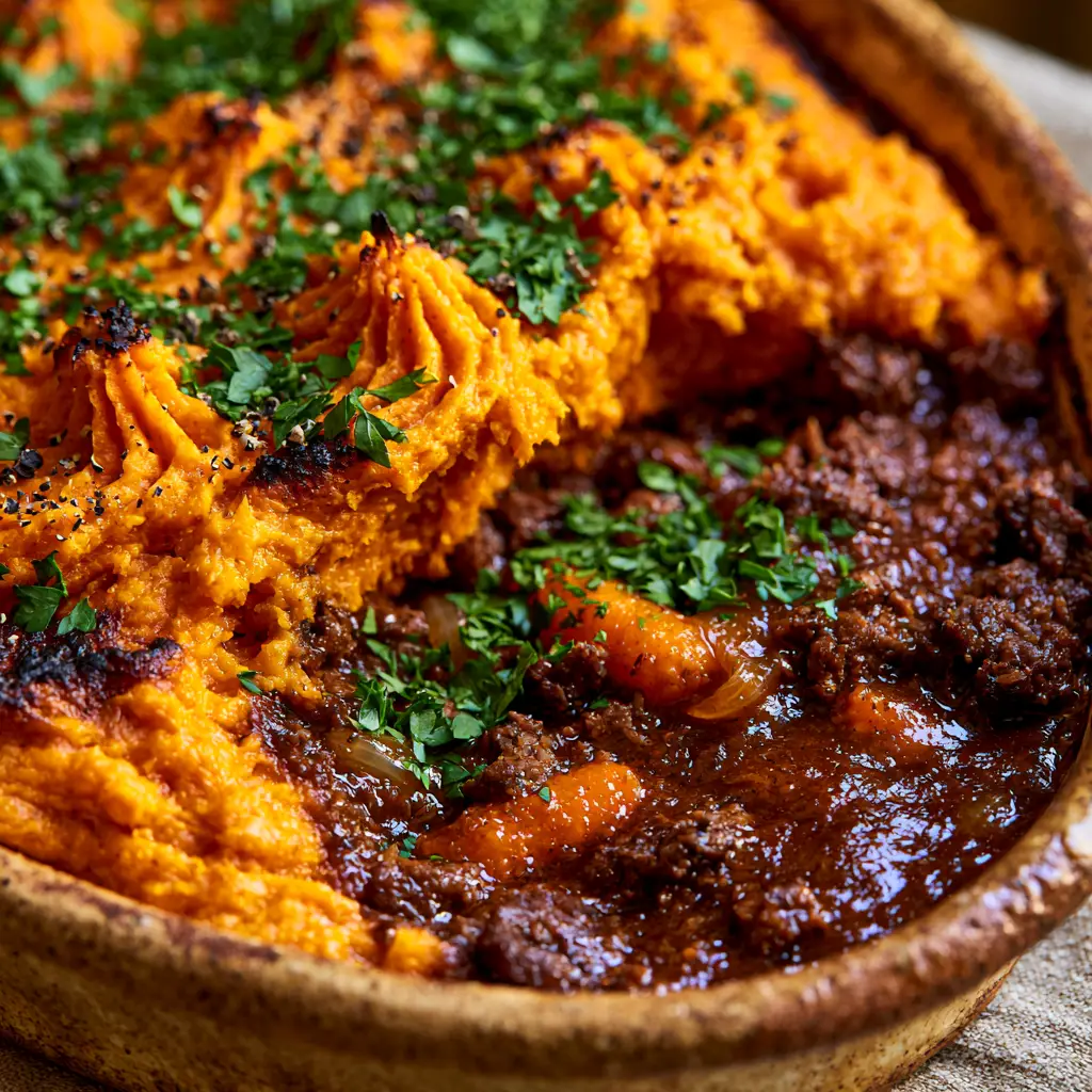 Sweet Potato Shepherds Pie with Charred Topping and Glossy Beef Gravy 1 A rustic ceramic dish filled with sweet potato shepherds pie garnished with parsley and cracked black pepper.
