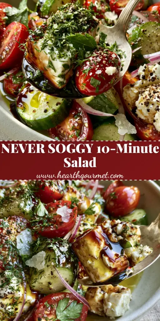 A close-up vertical shot of a vibrant cucumber tomato salad with thick balsamic glaze and large feta chunks in a white bowl.