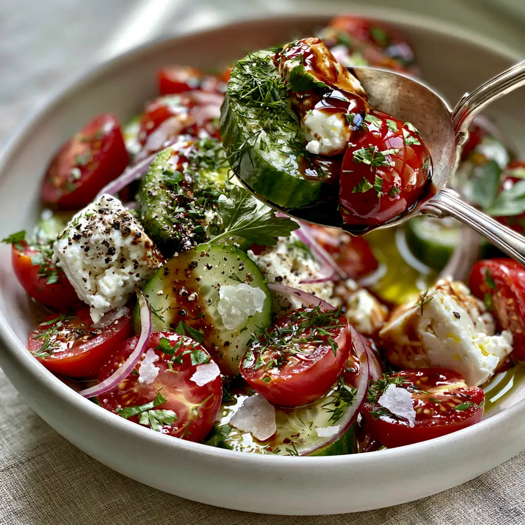 A silver spoon lifting a portion of cucumber tomato salad from a clean, dry white bowl.