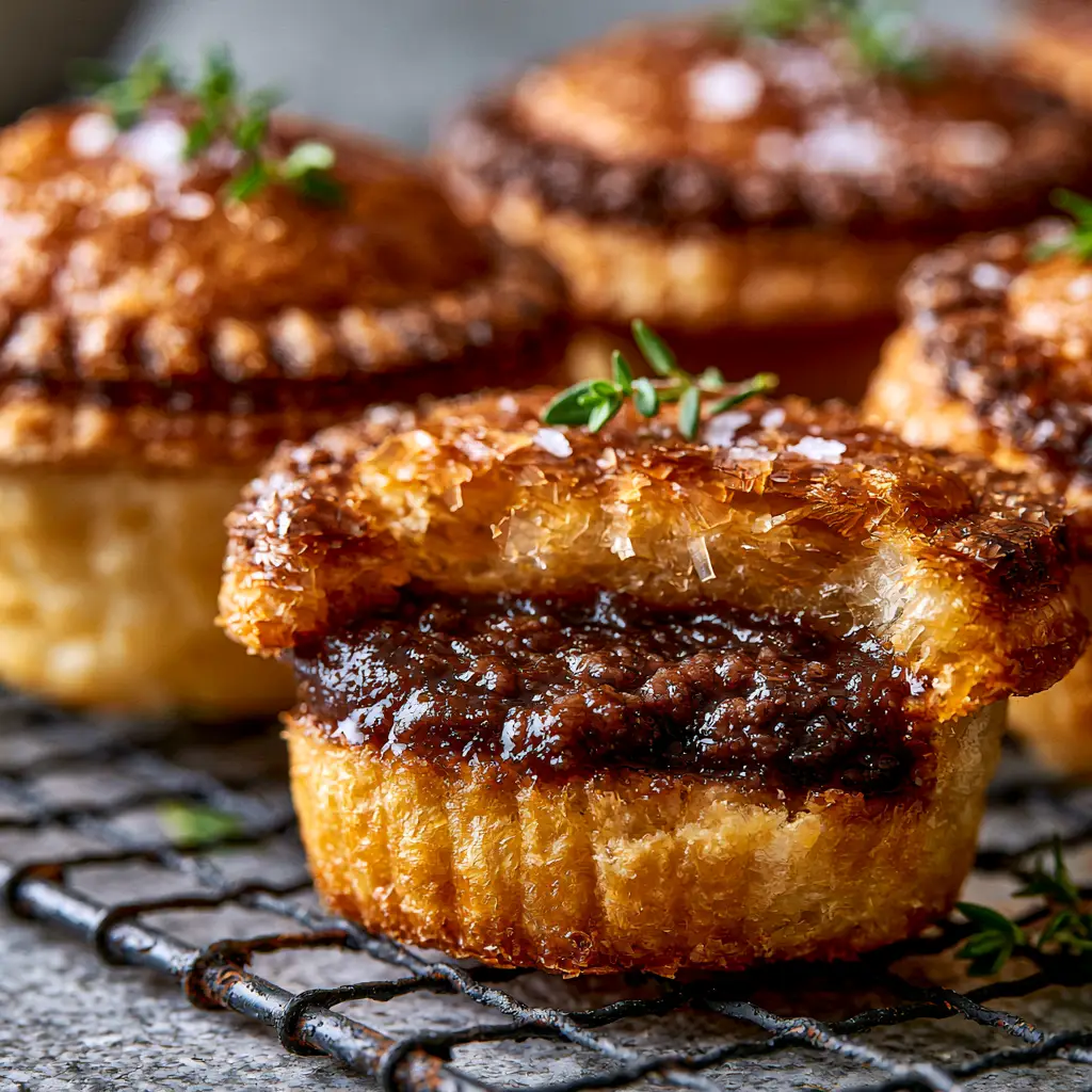 Beef Party Pies: The Ultimate Australian Flaky Meat Pie Recipe 1 Close-up of a broken open mini Australian beef party pie revealing a dark, umami gravy filling and rigid golden base.
