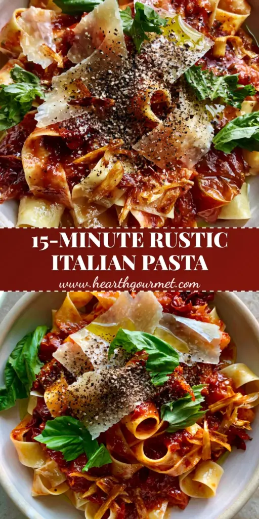 A shallow off-white bowl of wide pappardelle ribbons in a glossy red pomodoro sauce with garlic and basil. (Italian dinner recipes)