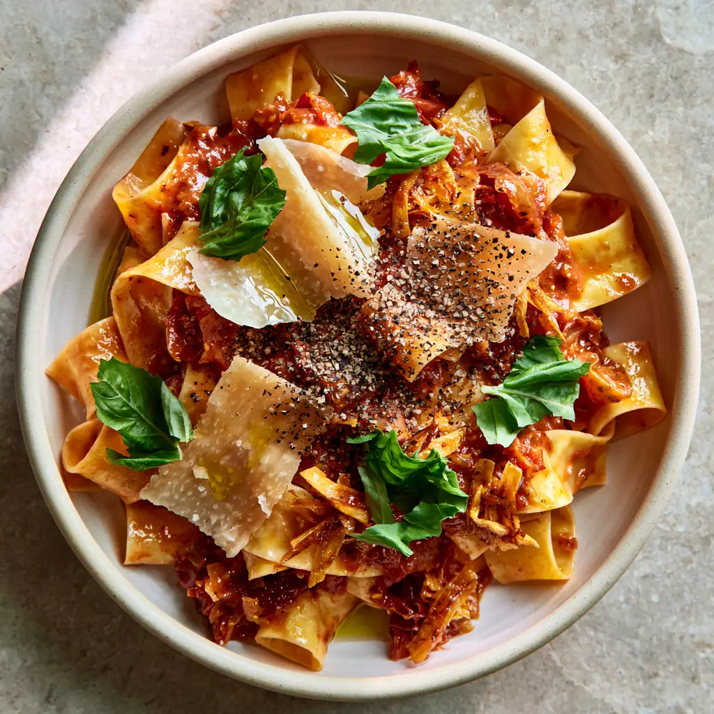Top-down view of pappardelle with translucent cheese shavings and hand-torn basil. (Italian dinner recipes)