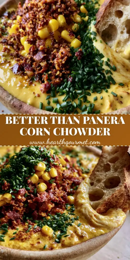 Chicken and Corn Chowder with Extra-Crispy Bacon and Sourdough 4 A rustic ceramic bowl of thick chicken and corn chowder topped with crispy bacon, chives, and a sourdough bread dunk. (chicken and corn chowder)