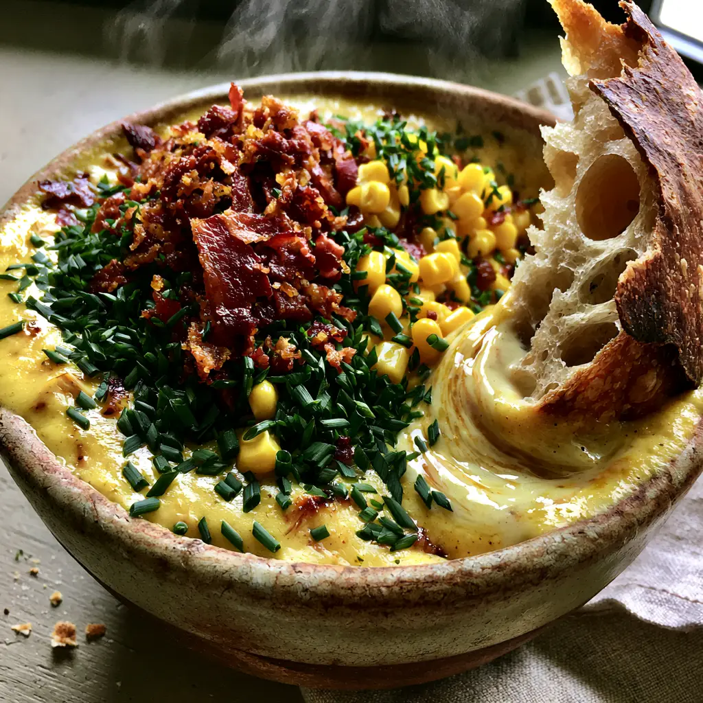 Chicken and Corn Chowder with Extra-Crispy Bacon and Sourdough 2 Ultra-close-up of velvety golden chicken and corn chowder with steam rising and a heavy cream swirl. (chicken and corn chowder)