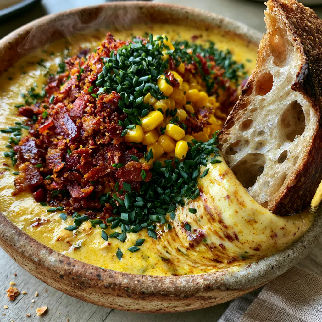 Chicken and Corn Chowder with Extra-Crispy Bacon and Sourdough 1 A jagged piece of sourdough bread being dunked into a bowl of chicken and corn chowder with visible bacon and chives.