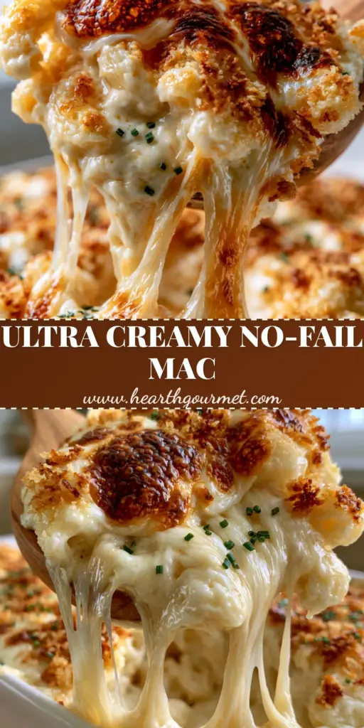 Baked macaroni and cheese with a Velvety Gruyère and Mozzarella Crust 4 A wooden spoon lifting a heavy scoop of Baked macaroni and cheese with long glistening strands of Gruyere cheese and a browned mozzarella crust.