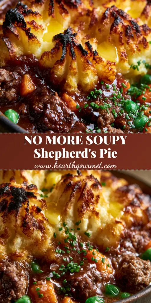 A close-up of Shepherd's Pie showing charred potato peaks and rich mahogany gravy with beef, carrots, and peas.