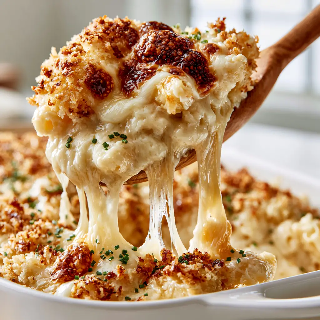 Baked macaroni and cheese with a Velvety Gruyère and Mozzarella Crust 2 Extreme close-up of Baked macaroni and cheese being served with a wooden spoon, showing bubbly mozzarella and thick white sauce.