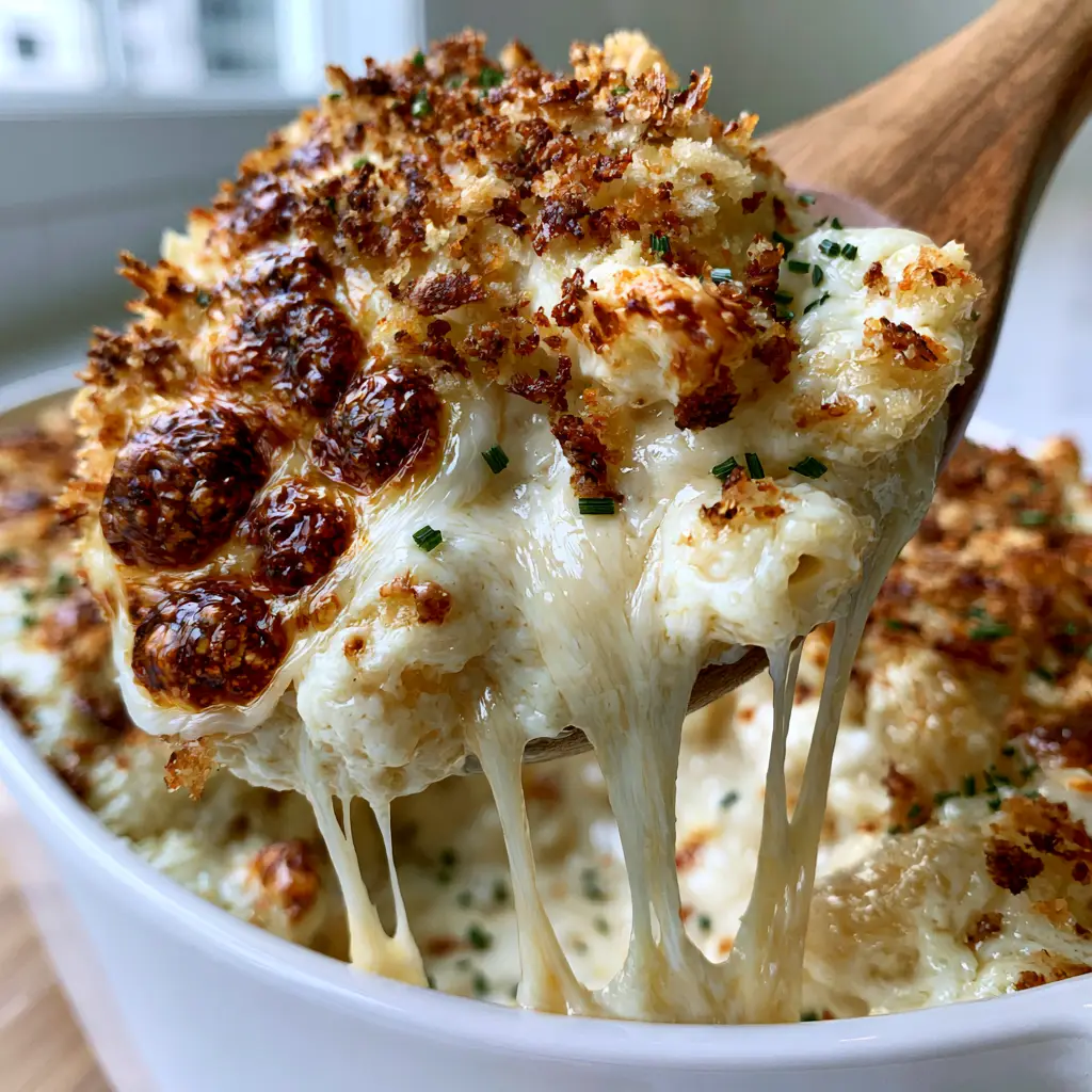 Baked macaroni and cheese with a Velvety Gruyère and Mozzarella Crust 1 A white porcelain dish filled with Baked macaroni and cheese featuring a toasted golden breadcrumb crust and fresh chive garnish.